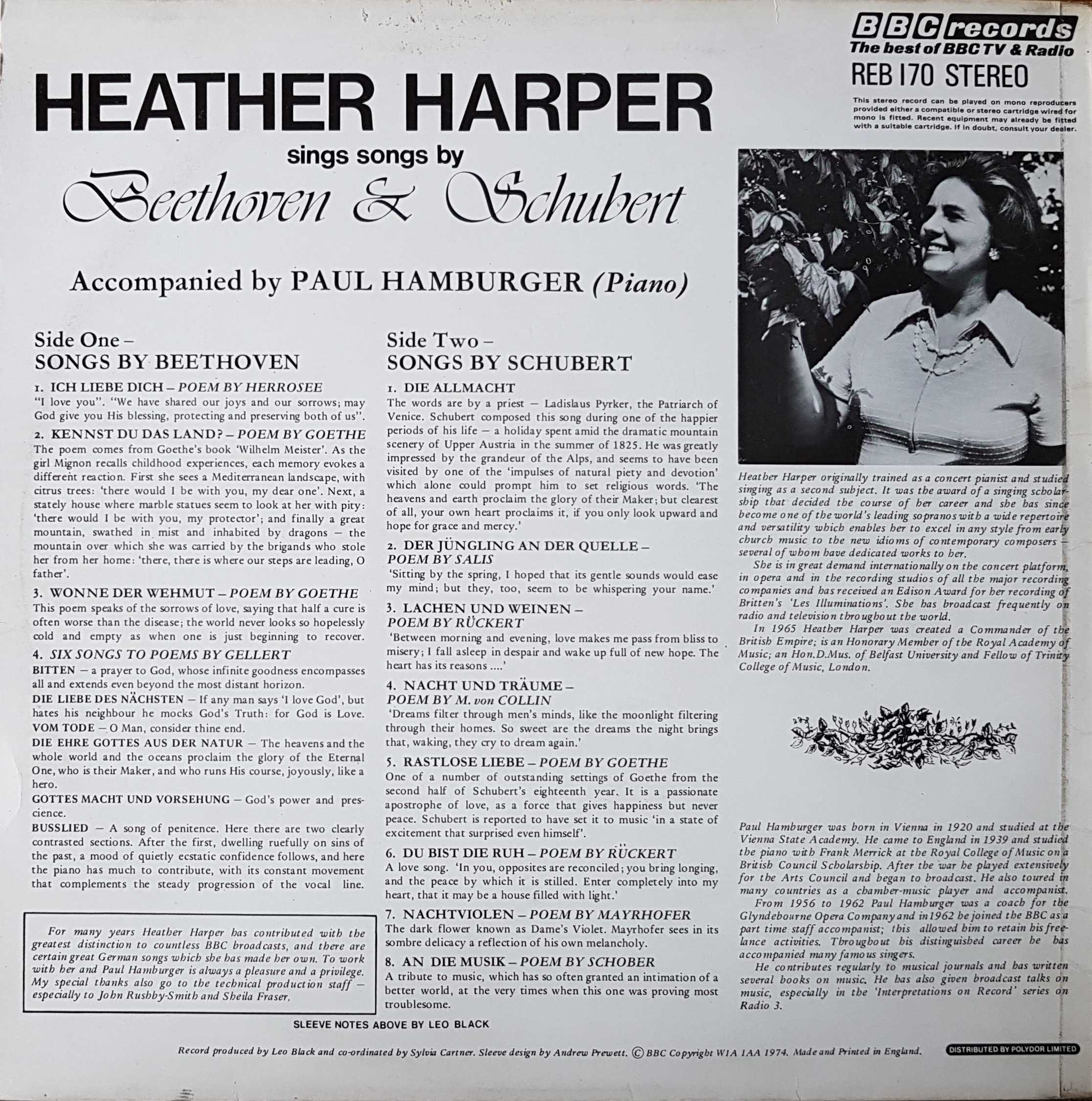 Picture of REB 170 Sings Songs By Beethoven & Schubert - Heather Harper by artist Heather Harper from the BBC records and Tapes library